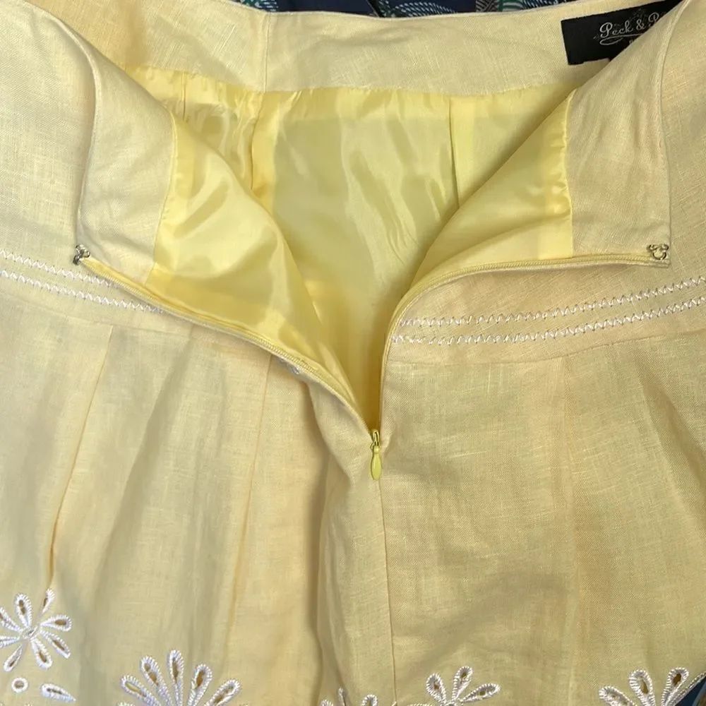 Peck & Peck Petite yellow 100% linen embroidered drop waist A-Line Midi skirt - Picture 6 of 14
